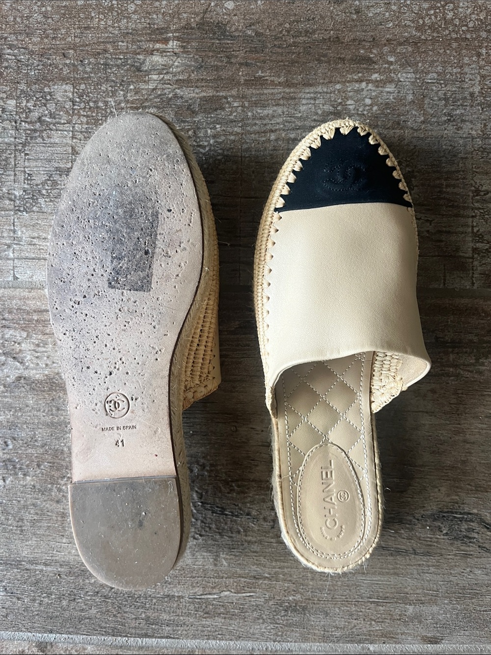 CHANEL Beige Leather Espadrille Mule with Black Cap Toe - Picture 9 of 9